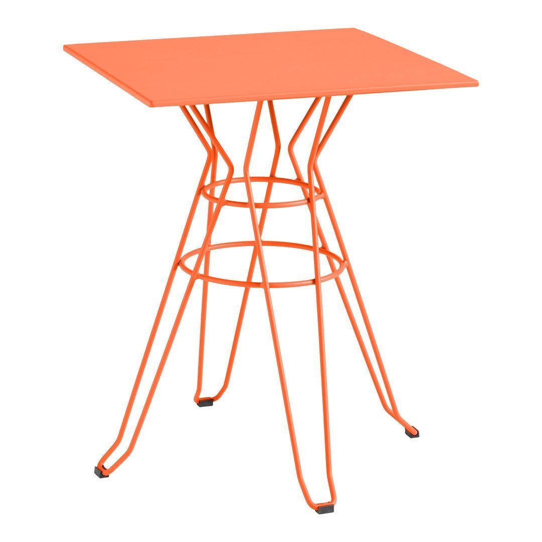 Bright orange square table with a geometric wire frame design, perfect for modern decor.