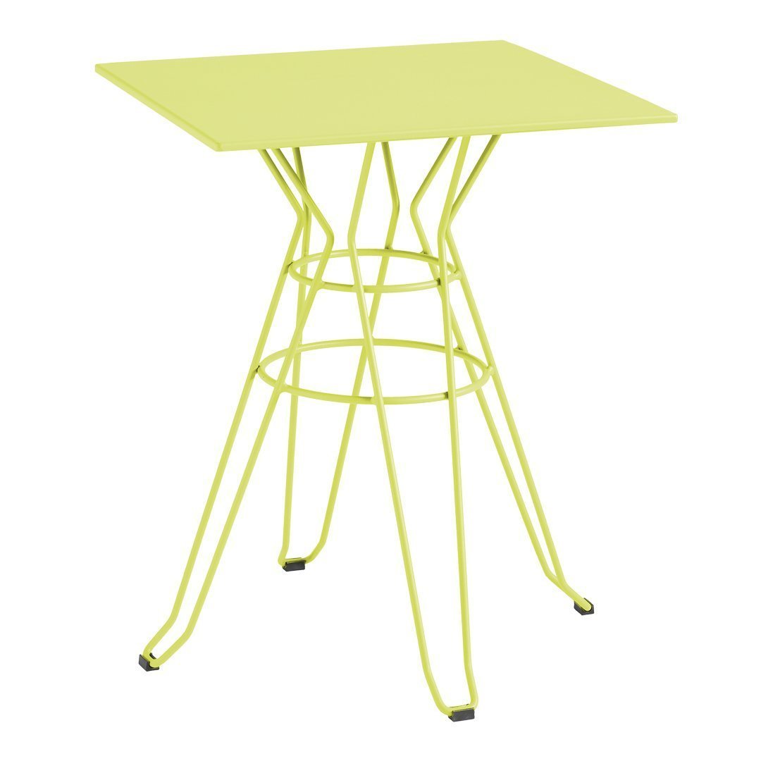 Bright yellow square table with a unique geometric wire base design. Perfect for modern decor.