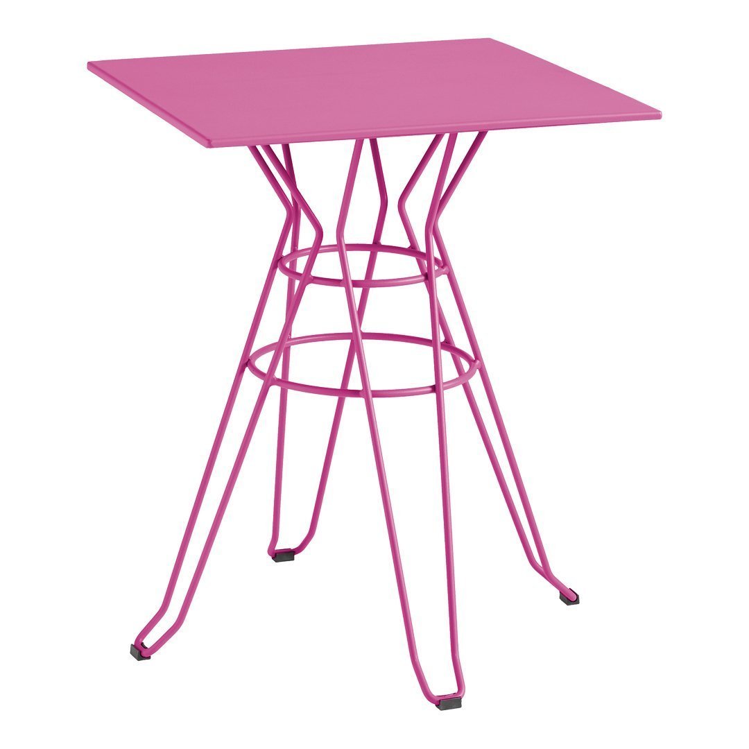 Pink metal side table with a geometric wire design and a minimalist square top. Perfect for modern decor.