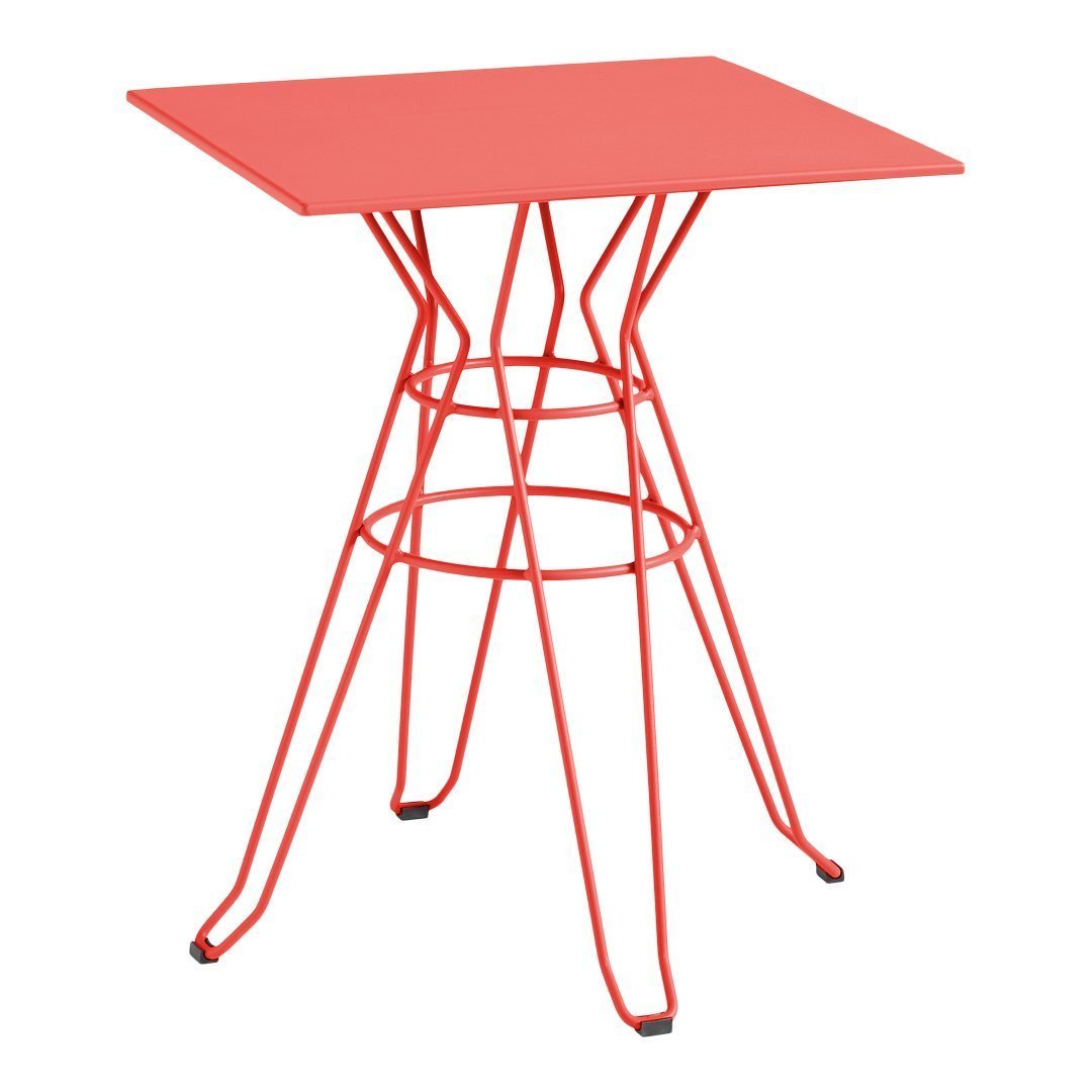 Bright red square table with a stylish geometric wire base. Perfect for modern decor.