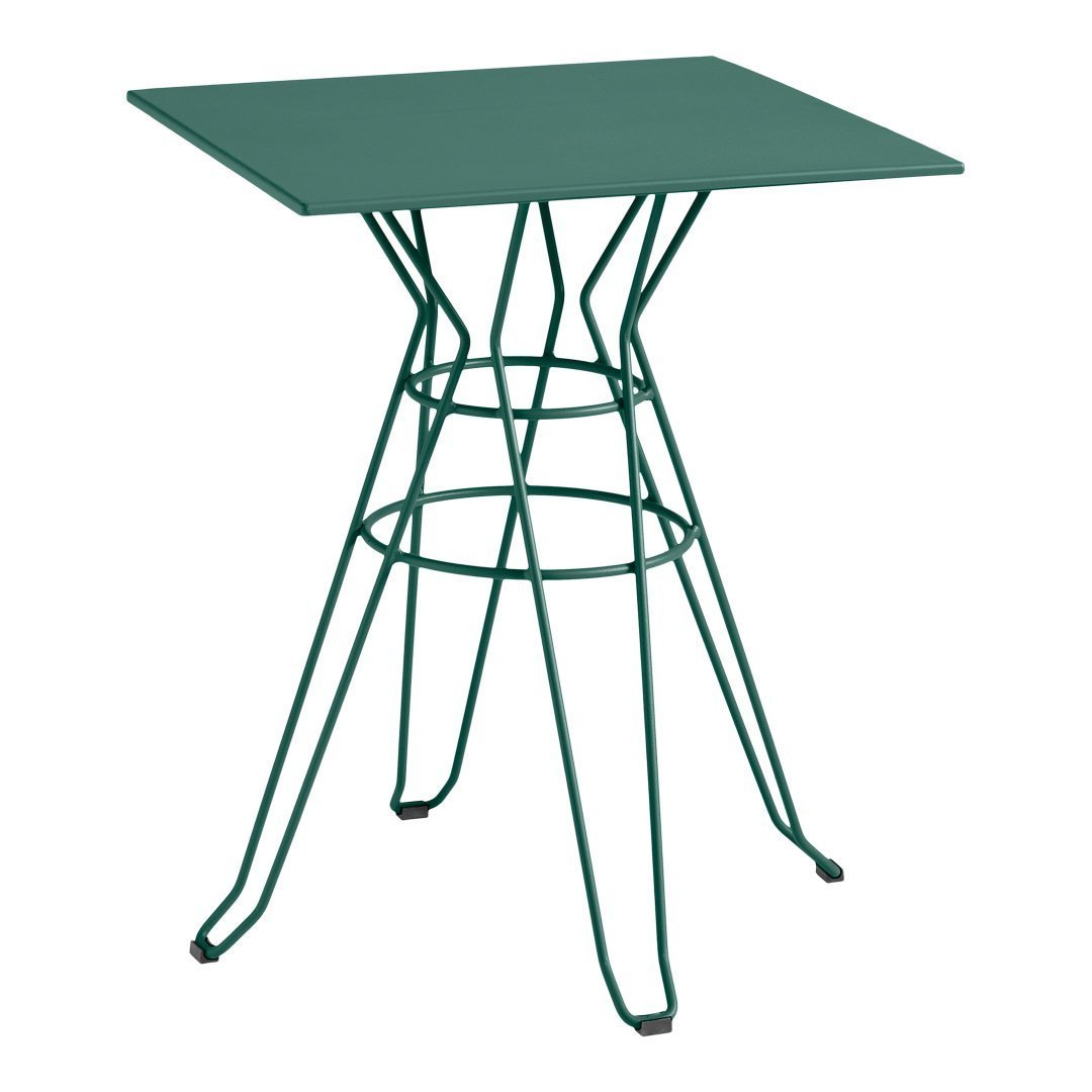 Green metal table with a geometric wire base, featuring a sleek square top and minimalist design for modern decor.