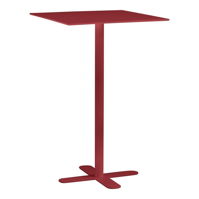 Red metal bar table with a sleek square top and a minimalist design, perfect for modern spaces.