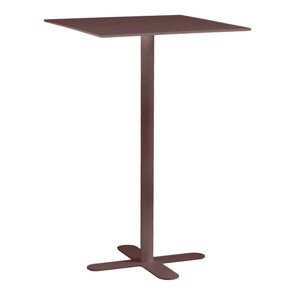 Brown square bar table with a sleek metal base and minimalist design, perfect for modern decor.