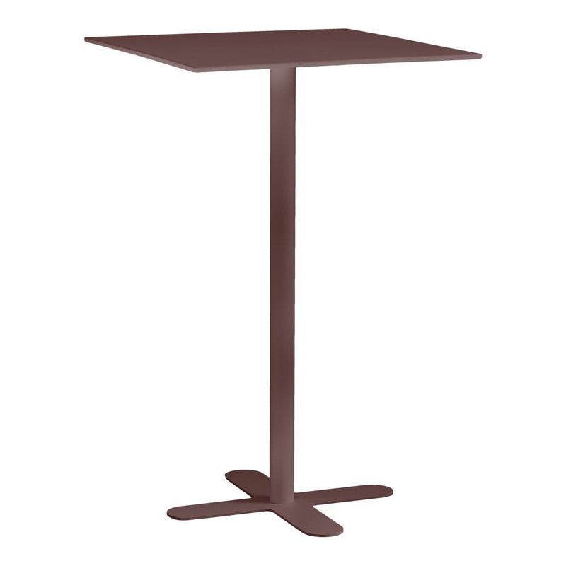 Brown square bar table with a sleek metal base and minimalist design, perfect for modern decor.