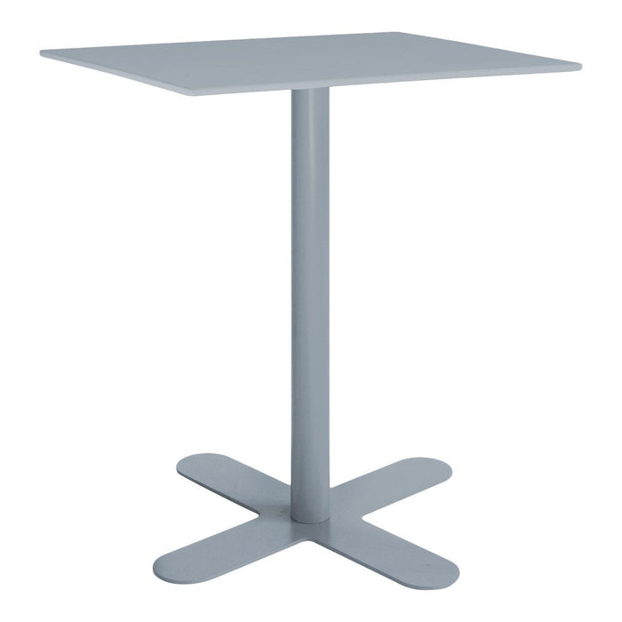 Gray square table with a sleek metal base and a minimalist design, perfect for modern spaces.