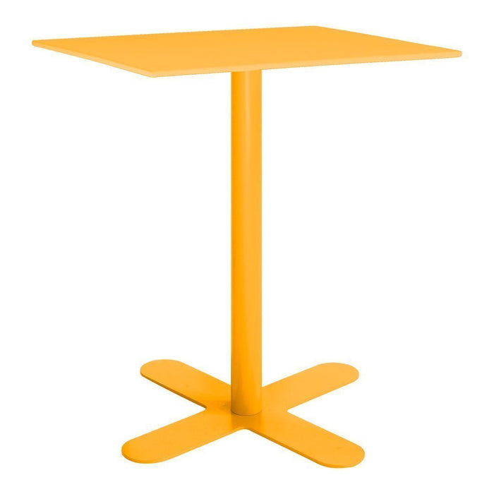 Bright yellow square table with a sleek design and sturdy crossbase, perfect for modern decor.
