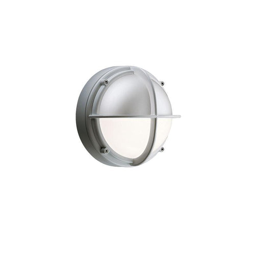 Round wall light fixture in sleek white with a smooth frosted glass shade and minimal metallic accents.