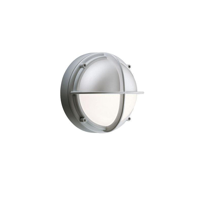 Round wall light fixture in sleek white with a smooth frosted glass shade and minimal metallic accents.