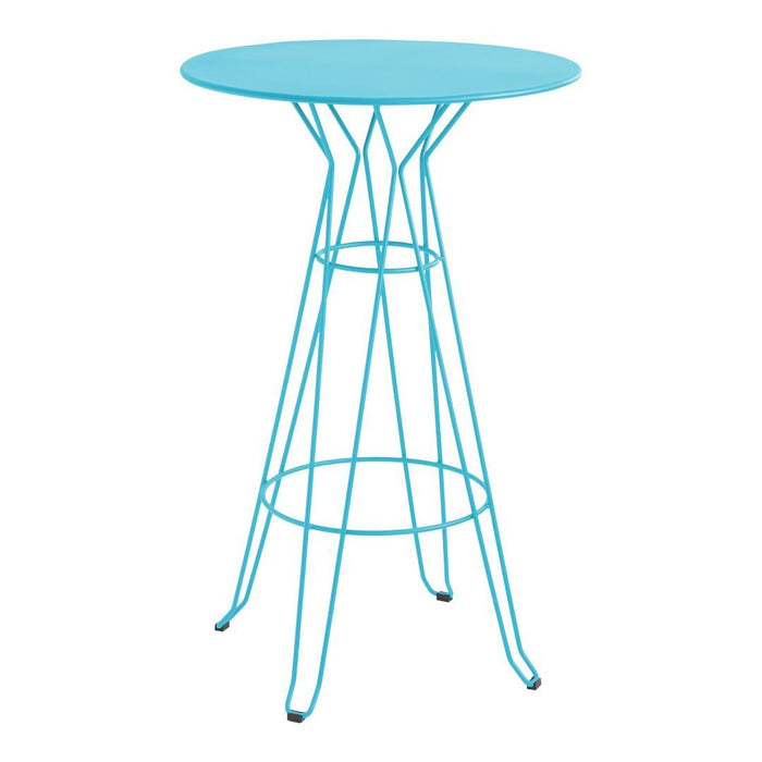 Light blue round tabletop with a geometric wire base, perfect for a modern decor accent.