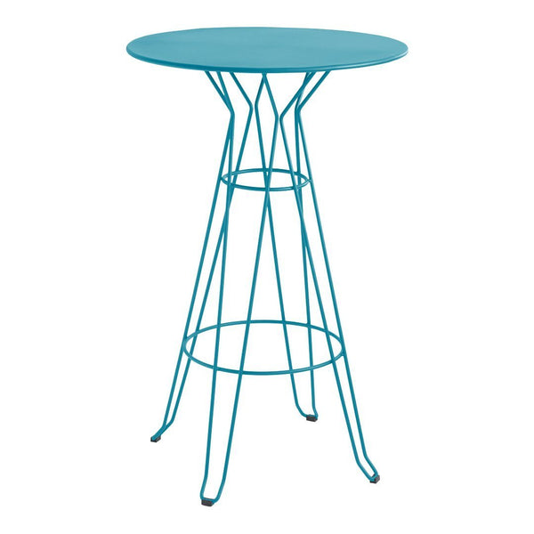 Sky blue round table with a sleek wire base, perfect for modern decor. Highlights contemporary design and vibrant color.