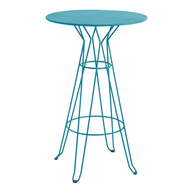 Sky blue round table with a sleek wire base, perfect for modern decor. Highlights contemporary design and vibrant color.