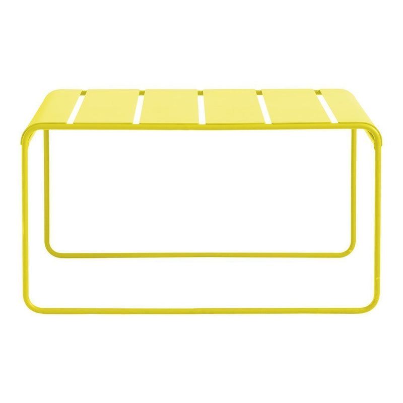 Bright yellow metal coffee table with a slatted top and minimalist design, perfect for modern outdoor spaces.