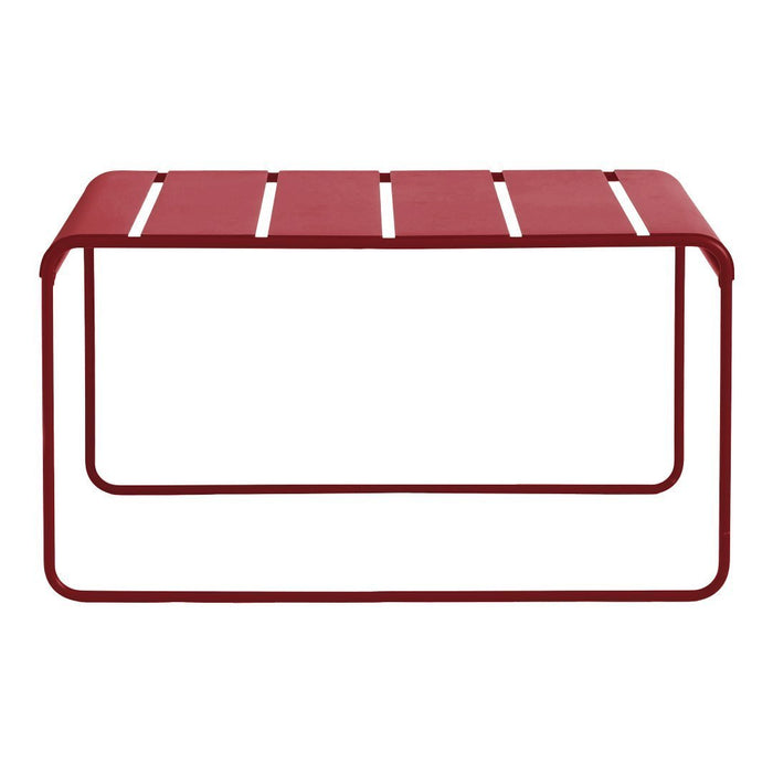 Red metal coffee table with sleek slatted design and minimalist frame. Ideal for modern outdoor or indoor decor.
