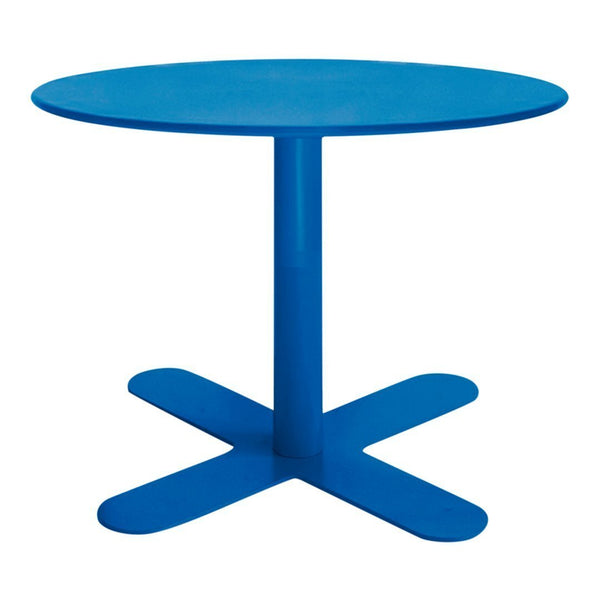 Vibrant blue round table with a sleek, minimalist design and sturdy cross-shaped base. Perfect for modern decor.