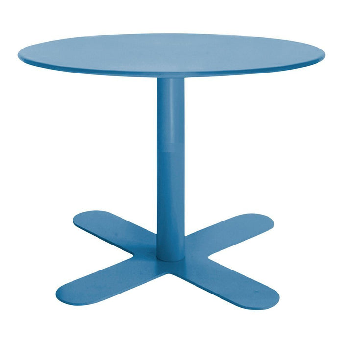 Round blue dining table with a smooth matte finish and a sturdy cross-shaped base. Perfect for modern décor.