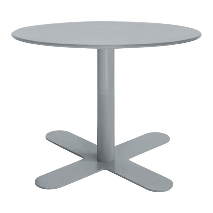 Round gray dining table with a sleek, minimalist design and a smooth finish. Perfect for modern interiors.