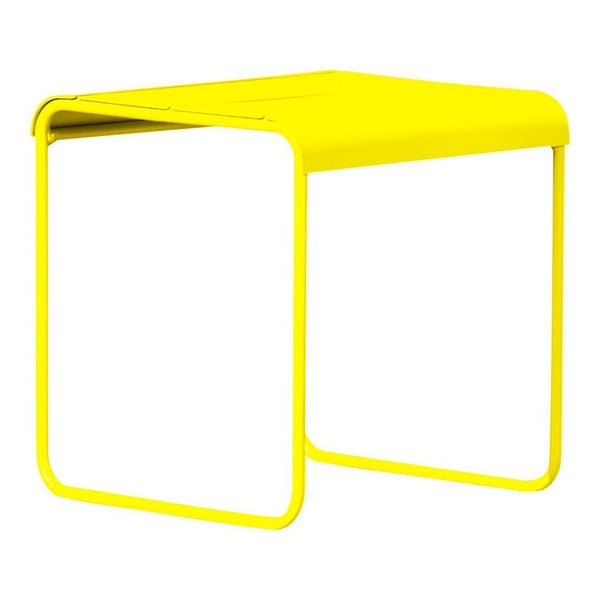 Bright yellow modern side table with a minimalist design and sleek white frame. Perfect for minimalist decor.