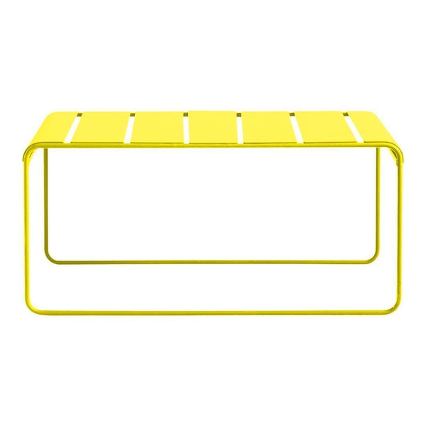 Bright yellow rectangular table with sleek, slatted design and minimalist metal frame. Perfect for vibrant decor.