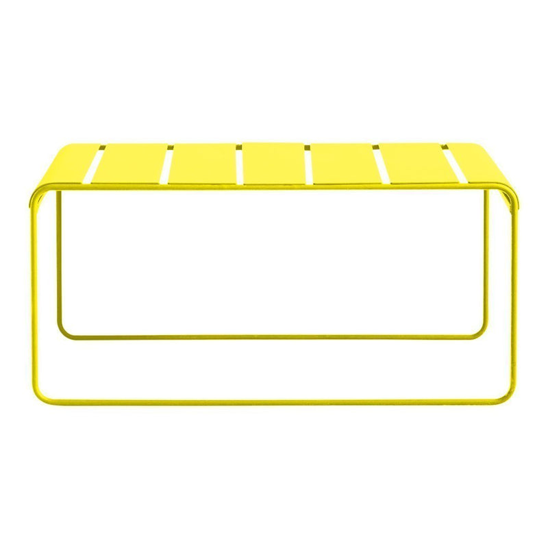 Bright yellow rectangular table with sleek, slatted design and minimalist metal frame. Perfect for vibrant decor.