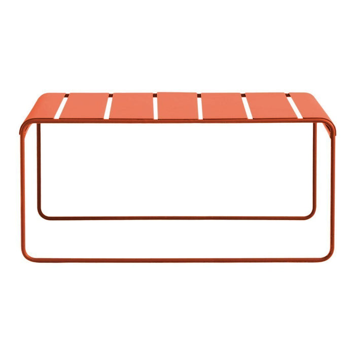 "Modern orange slatted coffee table with a sleek metal frame, perfect for contemporary living spaces."