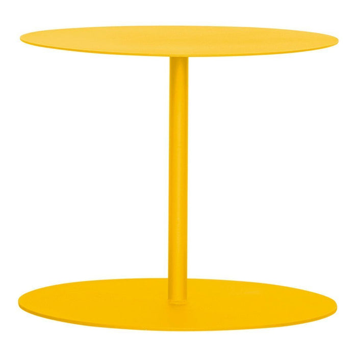 Bright yellow modern side table with smooth, rounded surfaces and a minimalist design. Perfect for adding a pop of color.