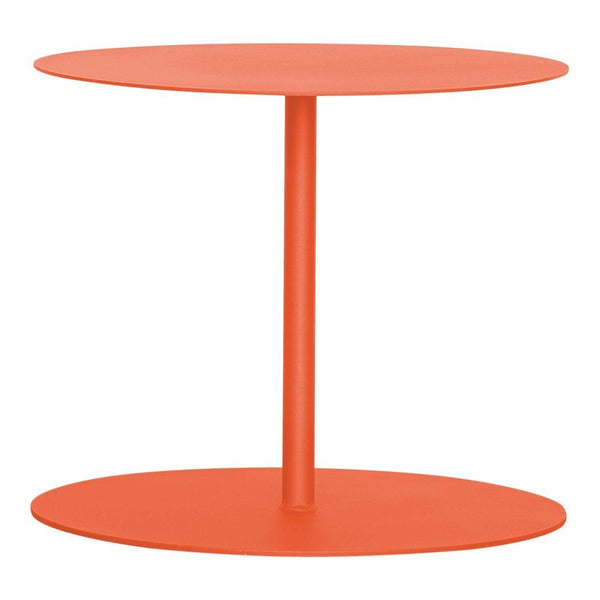 Bright orange two-tier side table with a sleek design and smooth surfaces, perfect for modern decor.