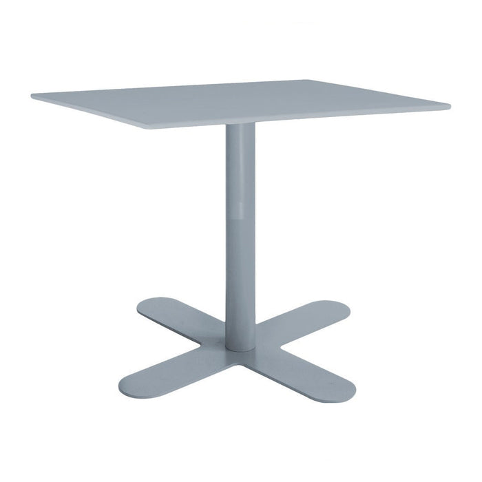 Square gray table with a minimalist design and smooth, solid surface, featuring a sleek cross-shaped base.