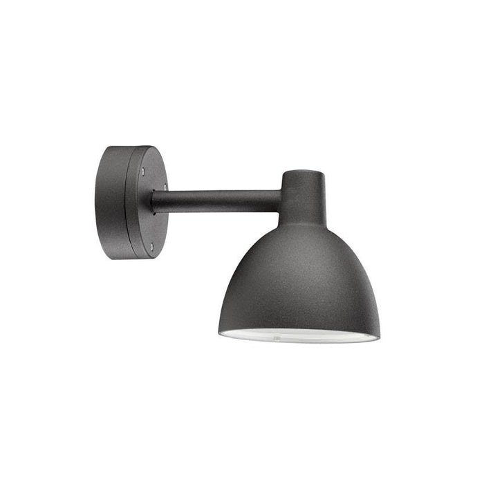 Black metal wall light with a sleek, modern design; featuring a smooth, dome-shaped lampshade and rounded wall mount.