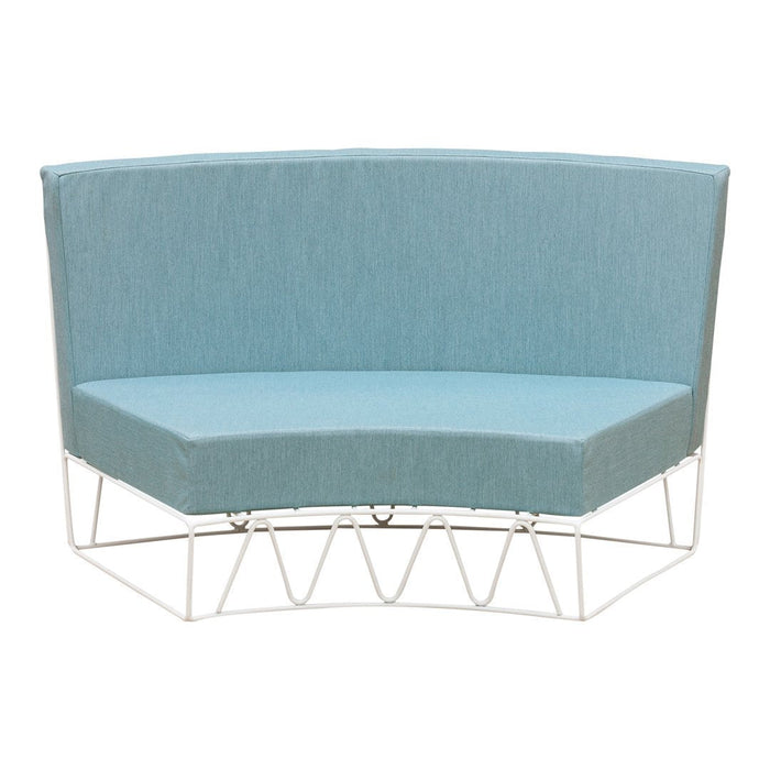 Light blue cushioned curved sofa with a white geometric metal frame. Perfect for modern outdoor or indoor decor.