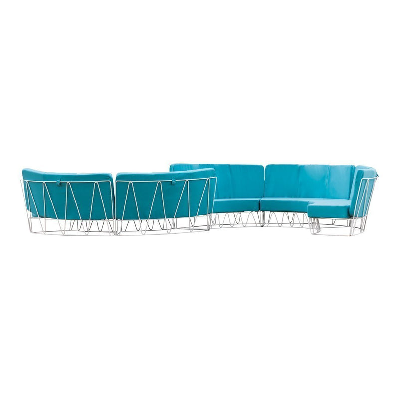 Teal sectional sofa with modern geometric patterns and sleek silver wireframe design. Perfect for contemporary spaces.