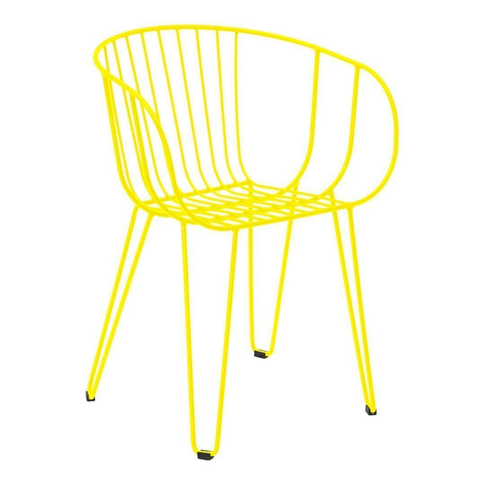 Bright yellow wire chair with a modern, open pattern and sleek legs, perfect for contemporary decor.