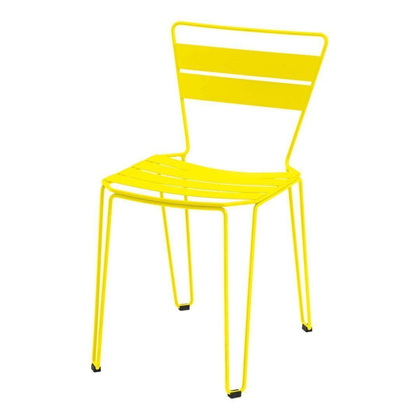 Bright yellow metal chair with bold horizontal stripes, perfect for adding a pop of color to any space.