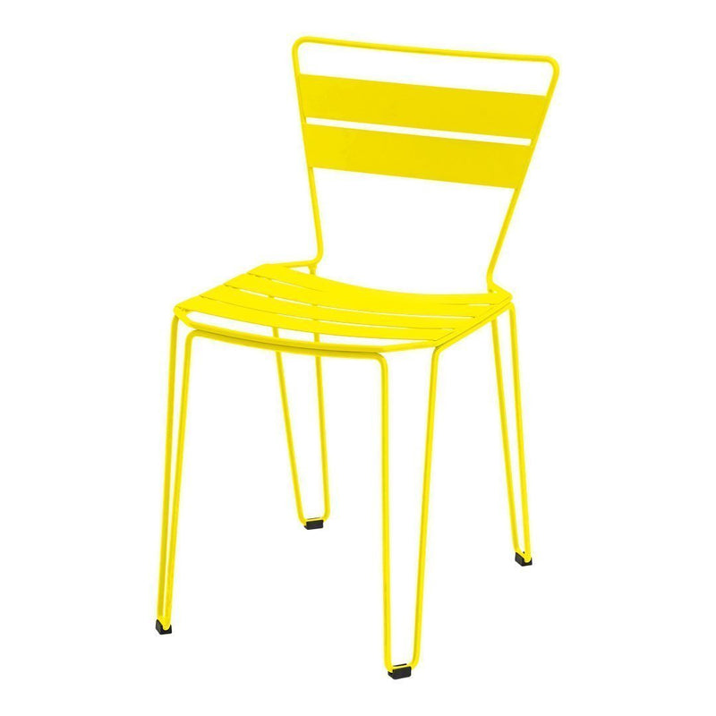 Bright yellow metal chair with bold horizontal stripes, perfect for adding a pop of color to any space.