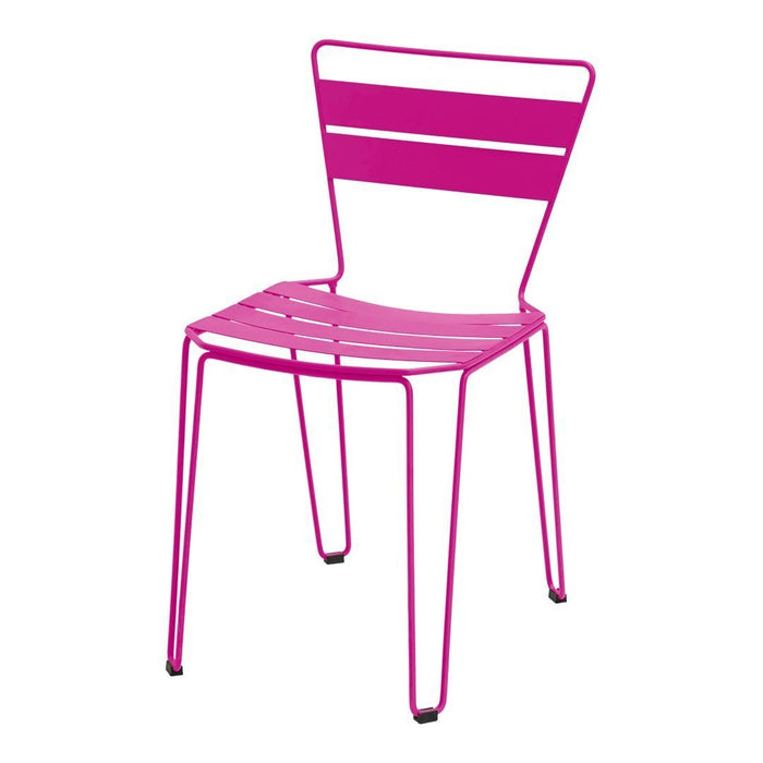 Bright pink metal chair with sleek, striped design and minimalist modern style. Perfect for colorful decor.