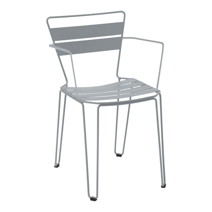 Minimalist gray metal chair with striped backrest and seat slats, ideal for contemporary outdoor or indoor decor.