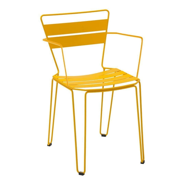 Bright yellow metal chair with a minimalist striped design, perfect for outdoor or modern indoor decor.