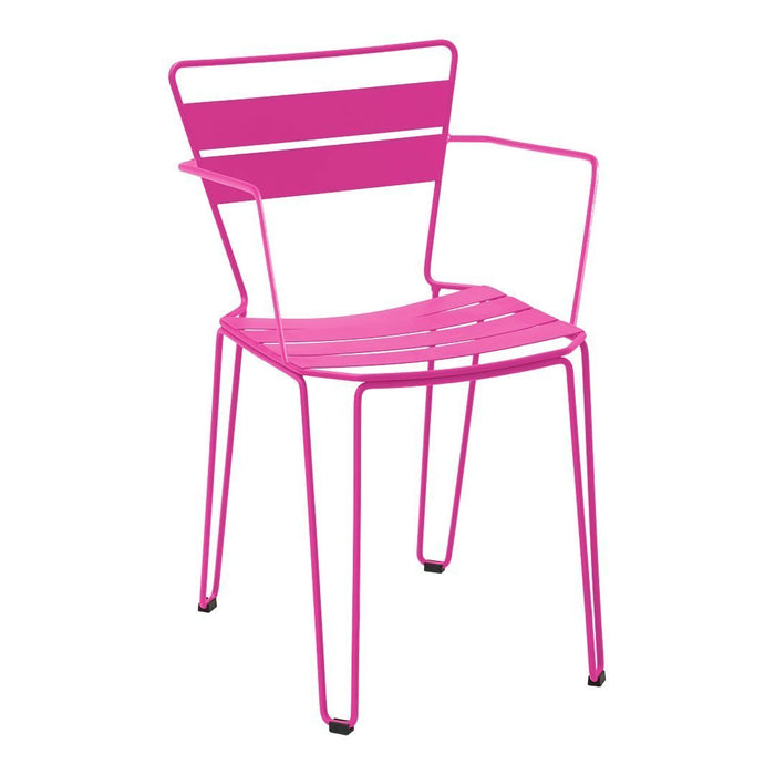 Bright pink metal chair with striped pattern, featuring a modern design and minimalist aesthetic. Perfect for vibrant spaces.