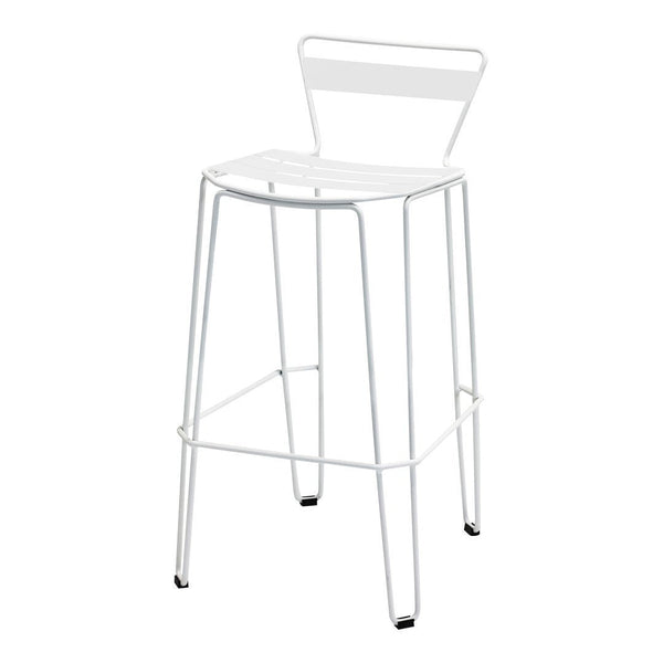 White metal bar stool with a sleek, minimalist design and a simple open back. Perfect for modern spaces.