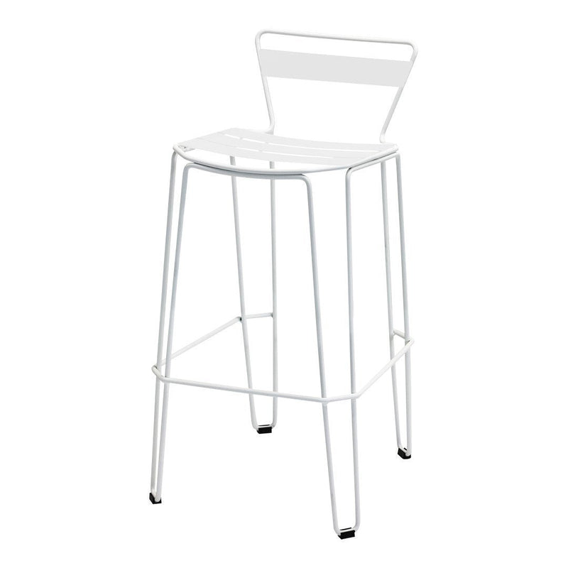 White metal bar stool with a sleek, minimalist design and a simple open back. Perfect for modern spaces.