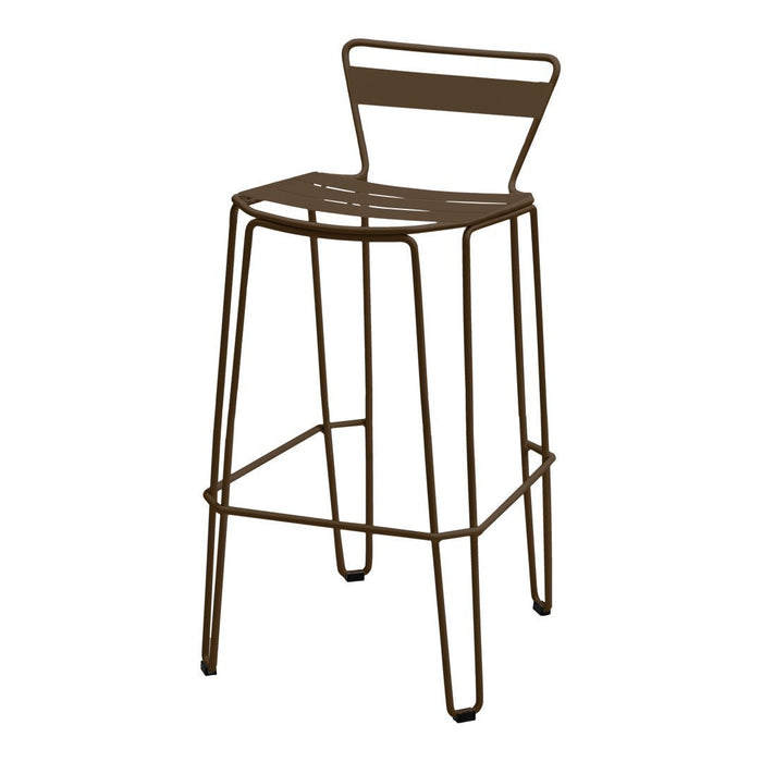 Brown metal bar stool featuring a minimalist design with horizontal slat backrest and clean lines. Ideal for modern spaces.