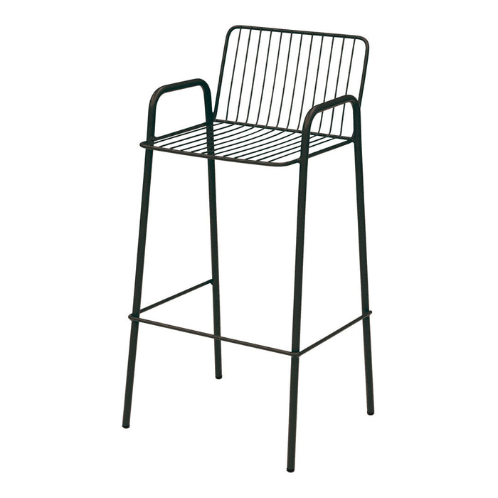 Black metal bar stool with a sleek, minimalist design featuring vertical wire patterns and armrests.