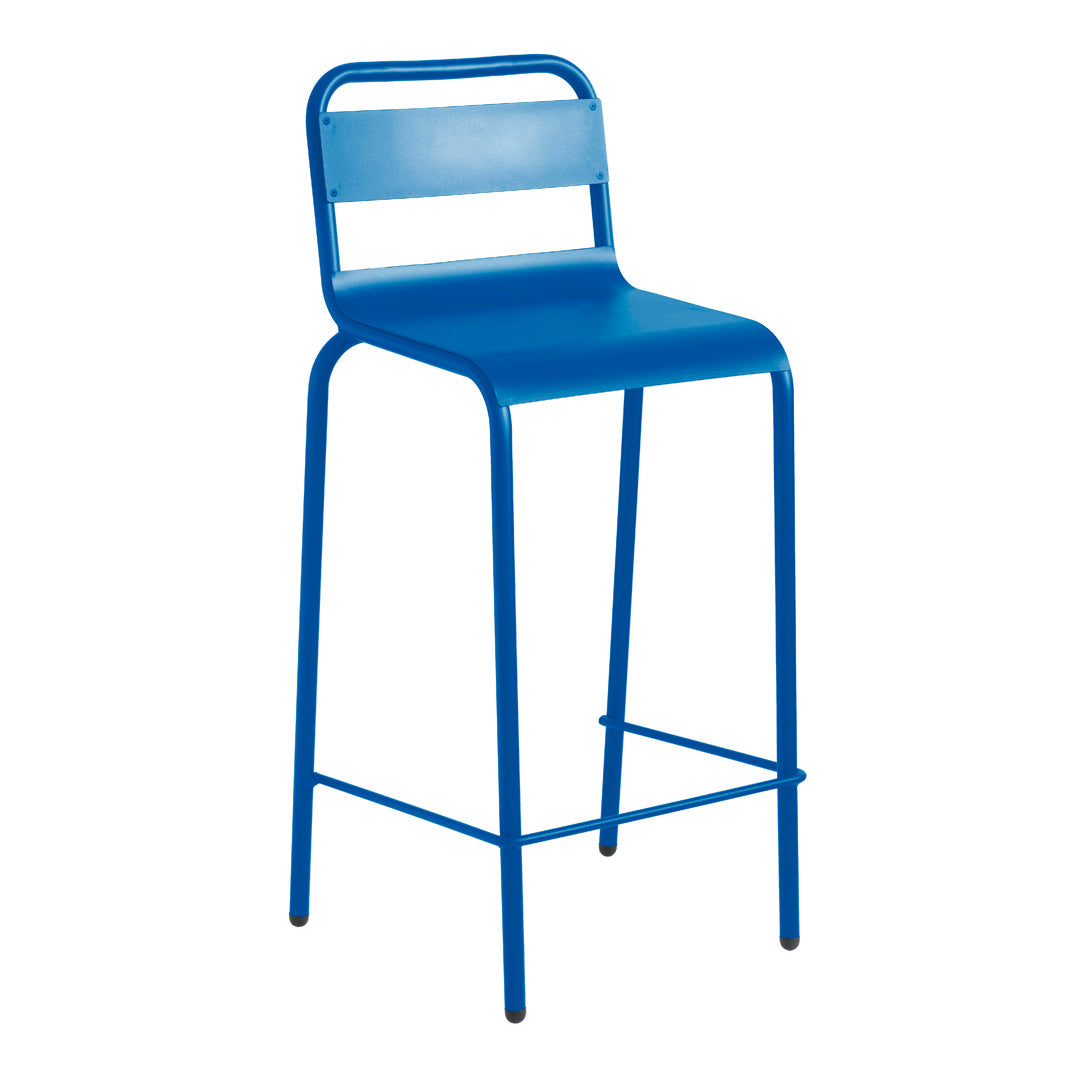 Bright blue metal bar stool with a sleek design and simple striped backrest. Perfect for modern decor.
