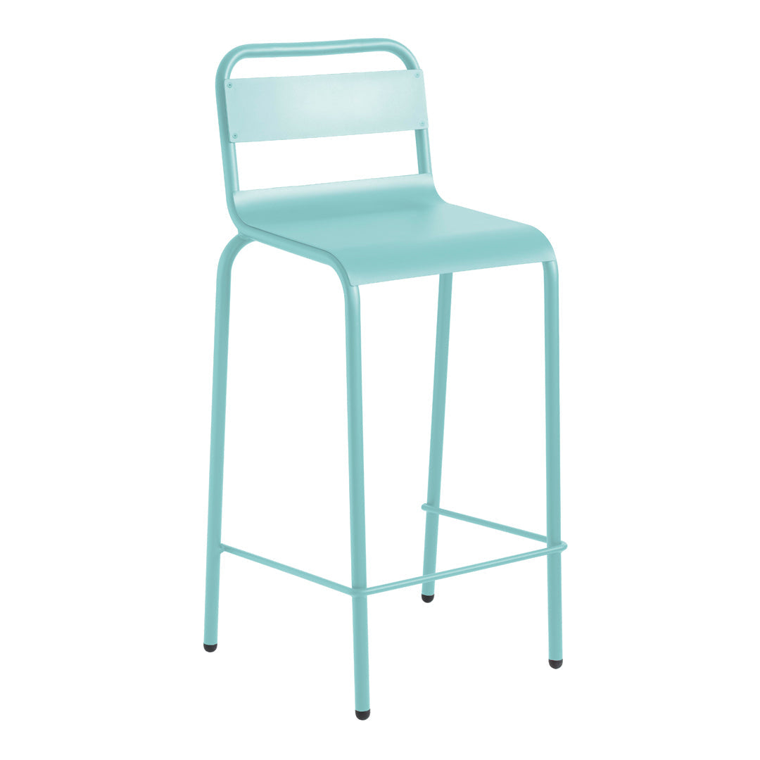 Aqua blue metal bar stool with a sleek, minimalist design and straight lines. Perfect for modern decor.