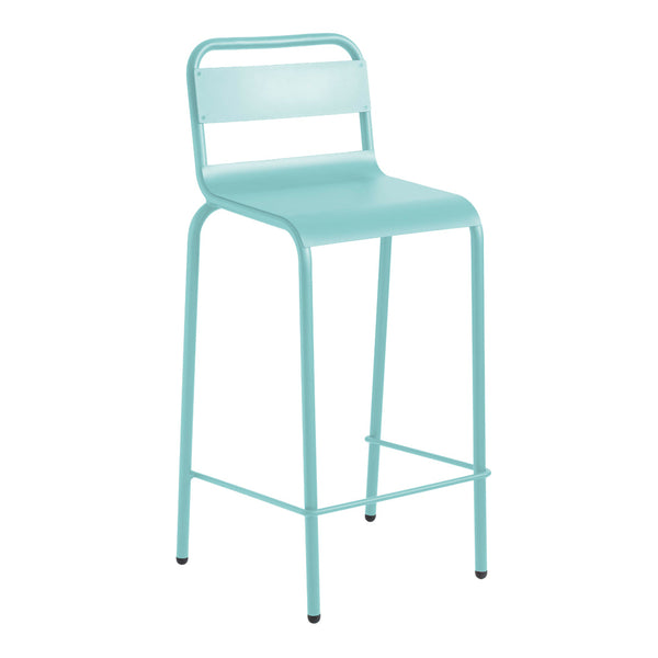 Aqua blue metal bar stool with a sleek, minimalist design and straight lines. Perfect for modern decor.