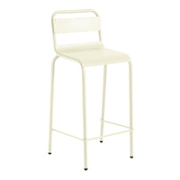 Cream-colored metal bar stool with a minimalist design and sleek lines, perfect for modern decor.