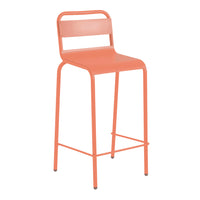 Coral-colored metal bar stool with a sleek, modern design and minimalist lines. Perfect for stylish dining spaces.