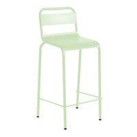 Light green metal bar stool with a simple, modern design and sleek, minimalistic lines.