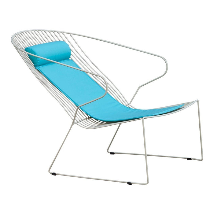 Lightweight wire chair featuring a vibrant turquoise cushion and sleek white frame for a modern look.