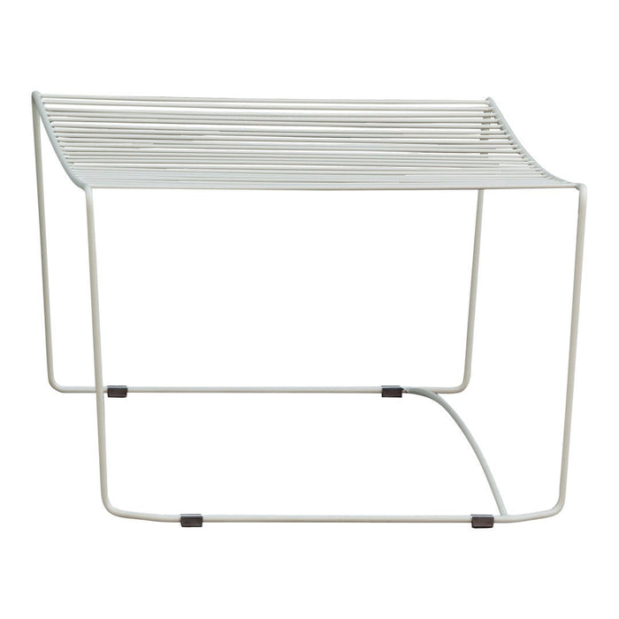 Modern white metal slatted stool with minimalistic design, featuring clean lines and a sleek, contemporary aesthetic.