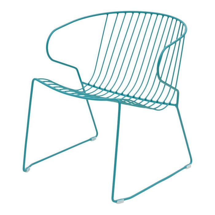 Teal wire chair with sleek, minimalist design and an open, geometric pattern. Perfect for modern decor.